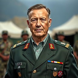 A portrait of a man resembling a political leader, wearing a smart and stylish army uniform, complete with insignia and rank badges
