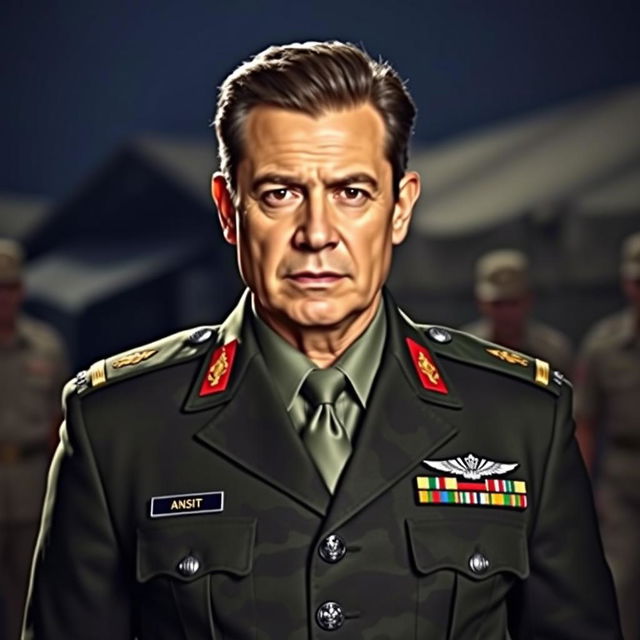 A portrait of a man resembling a political leader, wearing a smart and stylish army uniform, complete with insignia and rank badges