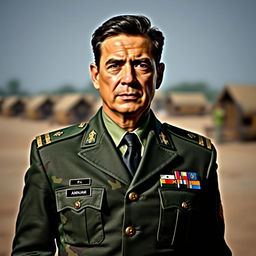 A portrait of a man resembling a political leader, wearing a smart and stylish army uniform, complete with insignia and rank badges