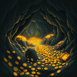 A beautifully crafted piece of art depicting a dark cave filled with an abundance of gold