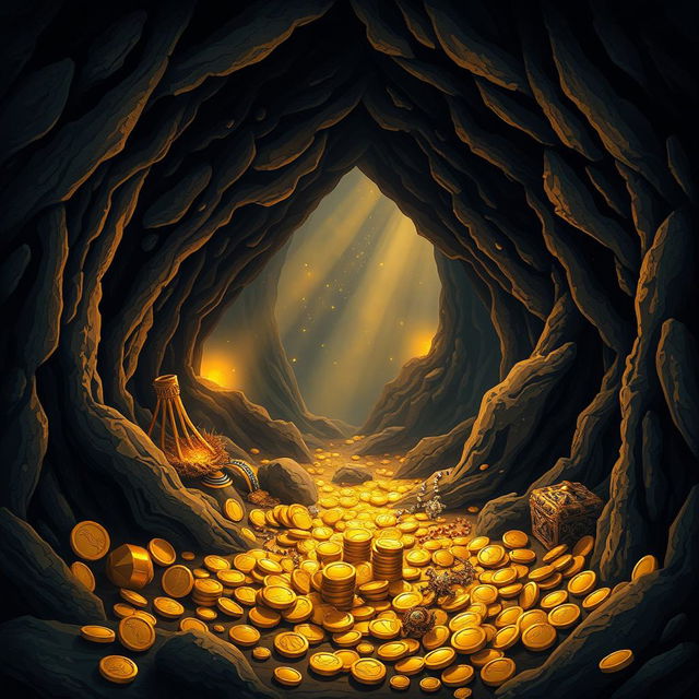 A beautifully crafted piece of art depicting a dark cave filled with an abundance of gold