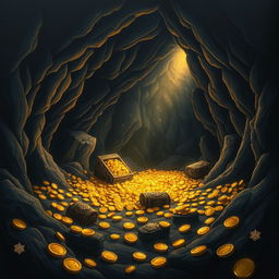 A beautifully crafted piece of art depicting a dark cave filled with an abundance of gold