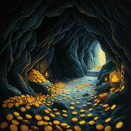 A beautifully crafted piece of art depicting a dark cave filled with an abundance of gold