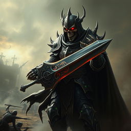 A menacing death knight, cloaked in dark, intricately designed armor that reflects a chilling, sinister aura, stands poised on a desolate battlefield