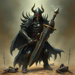 A menacing death knight, cloaked in dark, intricately designed armor that reflects a chilling, sinister aura, stands poised on a desolate battlefield