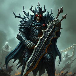 A menacing death knight, cloaked in dark, intricately designed armor that reflects a chilling, sinister aura, stands poised on a desolate battlefield