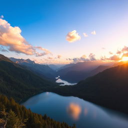 A breathtaking landscape featuring a serene lake surrounded by lush green mountains and a clear blue sky, fluffy white clouds scattered across the horizon
