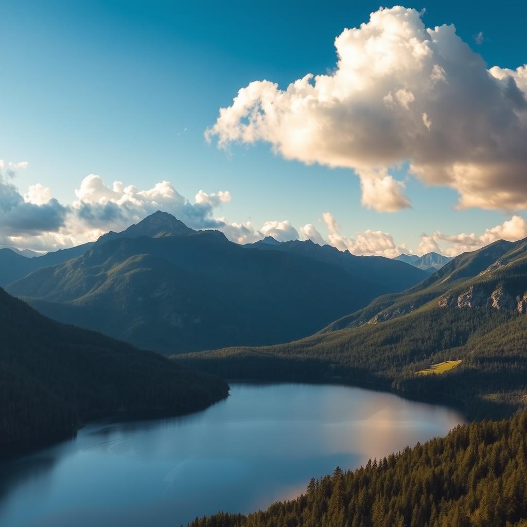 A breathtaking landscape featuring a serene lake surrounded by lush green mountains and a clear blue sky, fluffy white clouds scattered across the horizon