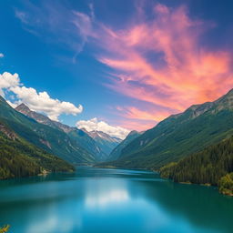 A breathtaking landscape featuring a serene lake surrounded by lush green mountains and a clear blue sky, fluffy white clouds scattered across the horizon