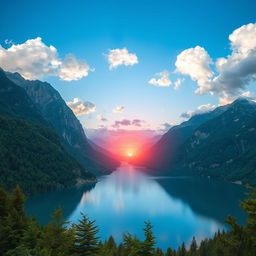 A breathtaking landscape featuring a serene lake surrounded by lush green mountains and a clear blue sky, fluffy white clouds scattered across the horizon