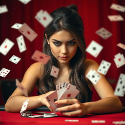 An engaging scene of a young woman playing poker, surrounded by flying playing cards in a vibrant red maroon background