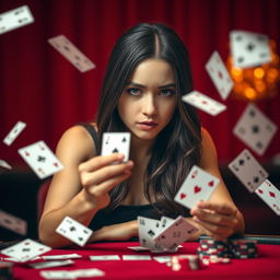 An engaging scene of a young woman playing poker, surrounded by flying playing cards in a vibrant red maroon background