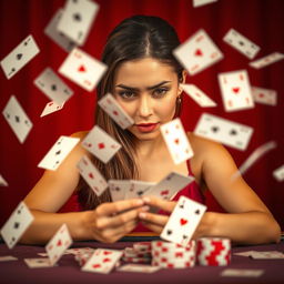 An engaging scene of a young woman playing poker, surrounded by flying playing cards in a vibrant red maroon background