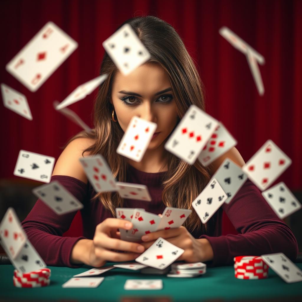 An engaging scene of a young woman playing poker, surrounded by flying playing cards in a vibrant red maroon background