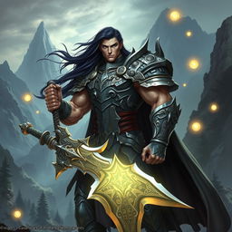 A striking character design for a Dungeons and Dragons (D&D) character, featuring a tall, muscular warrior clad in intricately detailed armor that glistens under a mystical light