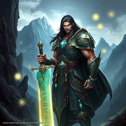 A striking character design for a Dungeons and Dragons (D&D) character, featuring a tall, muscular warrior clad in intricately detailed armor that glistens under a mystical light