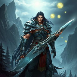A striking character design for a Dungeons and Dragons (D&D) character, featuring a tall, muscular warrior clad in intricately detailed armor that glistens under a mystical light