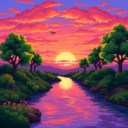 A pixel art scene depicting a tranquil river landscape during sunset, vibrant hues of orange, pink, and purple filling the sky as the sun sets on the horizon