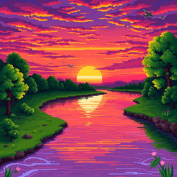 A pixel art scene depicting a tranquil river landscape during sunset, vibrant hues of orange, pink, and purple filling the sky as the sun sets on the horizon