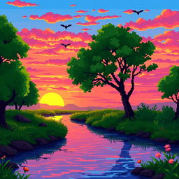 A pixel art scene depicting a tranquil river landscape during sunset, vibrant hues of orange, pink, and purple filling the sky as the sun sets on the horizon