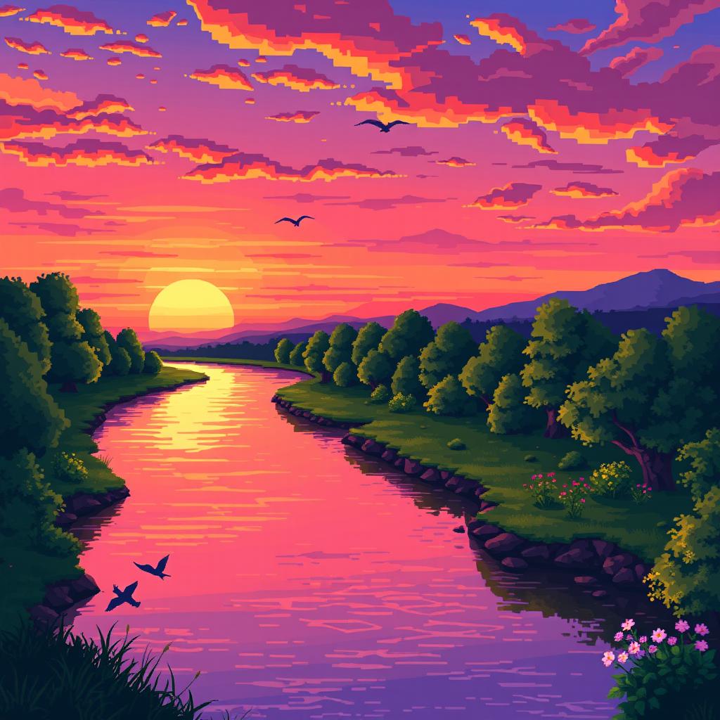 A pixel art scene depicting a tranquil river landscape during sunset, vibrant hues of orange, pink, and purple filling the sky as the sun sets on the horizon