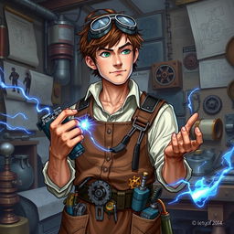 A detailed character art for a Dungeons and Dragons (D&D) inventor, depicted as a clever human with short, messy brown hair and goggles perched on his forehead