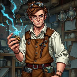 A detailed character art for a Dungeons and Dragons (D&D) inventor, depicted as a clever human with short, messy brown hair and goggles perched on his forehead