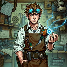 A detailed character art for a Dungeons and Dragons (D&D) inventor, depicted as a clever human with short, messy brown hair and goggles perched on his forehead
