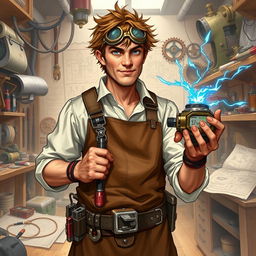 A detailed character art for a Dungeons and Dragons (D&D) inventor, depicted as a clever human with short, messy brown hair and goggles perched on his forehead