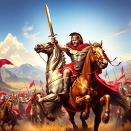 A dynamic scene depicting Alexander the Great in full combat, mounted on his majestic horse Bucephalus, leading his brave soldiers towards victory in an epic battle