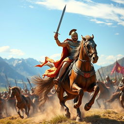A dynamic scene depicting Alexander the Great in full combat, mounted on his majestic horse Bucephalus, leading his brave soldiers towards victory in an epic battle