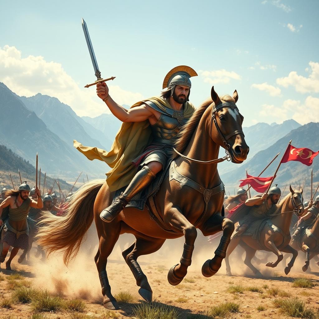 A dynamic scene depicting Alexander the Great in full combat, mounted on his majestic horse Bucephalus, leading his brave soldiers towards victory in an epic battle