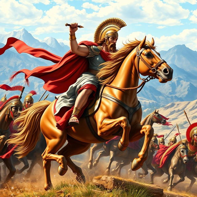 A dynamic scene depicting Alexander the Great in full combat, mounted on his majestic horse Bucephalus, leading his brave soldiers towards victory in an epic battle