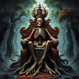 A powerful skeleton seated on a grand, ornate wooden throne intricately carved with ancient symbols and motifs