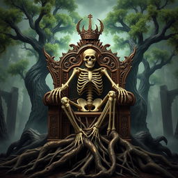 A powerful skeleton seated on a grand, ornate wooden throne intricately carved with ancient symbols and motifs