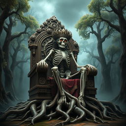 A powerful skeleton seated on a grand, ornate wooden throne intricately carved with ancient symbols and motifs