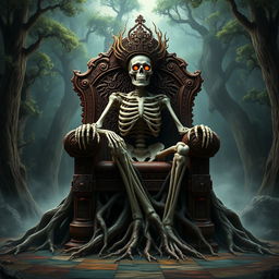A powerful skeleton seated on a grand, ornate wooden throne intricately carved with ancient symbols and motifs