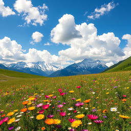 A stunning landscape featuring majestic mountains in the background, their peaks capped with snow glistening under the sun