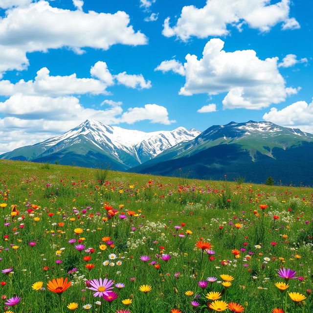 A stunning landscape featuring majestic mountains in the background, their peaks capped with snow glistening under the sun