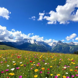 A stunning landscape featuring majestic mountains in the background, their peaks capped with snow glistening under the sun