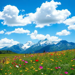 A stunning landscape featuring majestic mountains in the background, their peaks capped with snow glistening under the sun