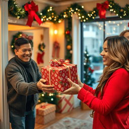 A festive indoor setting where a beautifully wrapped gift is being handed to a person from the corner of the room
