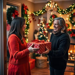 A festive indoor setting where a beautifully wrapped gift is being handed to a person from the corner of the room