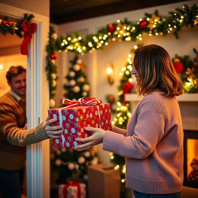 A festive indoor setting where a beautifully wrapped gift is being handed to a person from the corner of the room