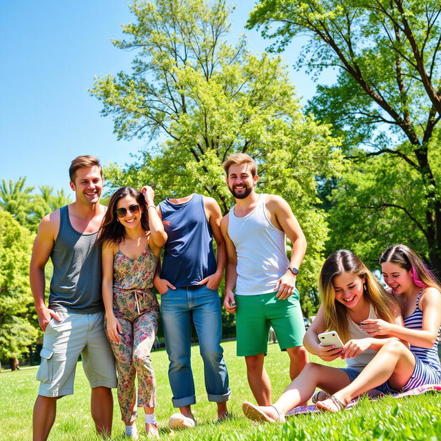 A lively scene featuring six diverse friends enjoying a sunny park day