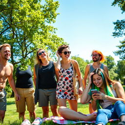 A lively scene featuring six diverse friends enjoying a sunny park day