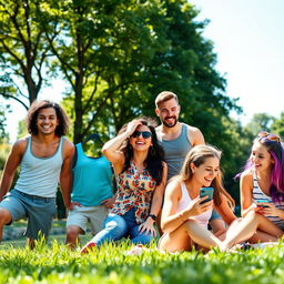 A lively scene featuring six diverse friends enjoying a sunny park day