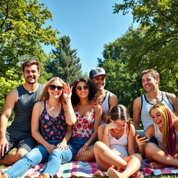 A lively scene featuring six diverse friends enjoying a sunny park day