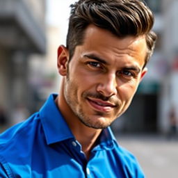 A man with a confident expression wearing a vibrant blue shirt, exuding charisma