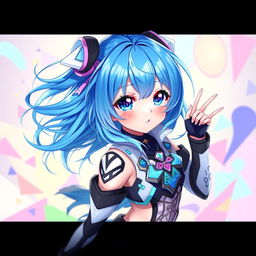 A stunning digital artwork featuring a blue-haired anime girl with vibrant, flowing hair